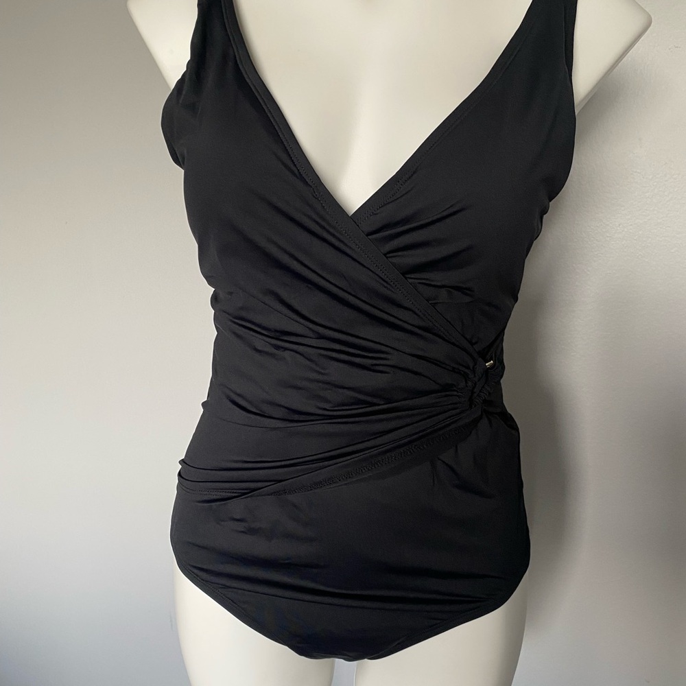 Tommy Bahama Black Ruched Wrap-Front One-Piece Swimsuit